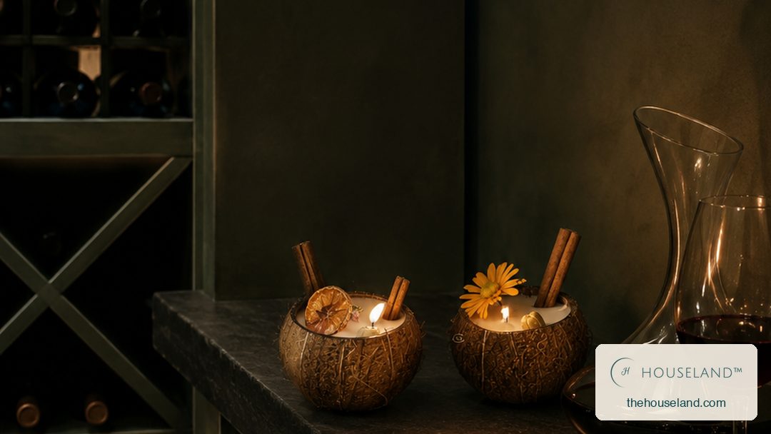 a hand-poured coconut wax candle set in a polished half coconut shell, the dark fibrous shell against pale cream wax, on two of them burning on the stone ledge beside the bottles, the only light in the room