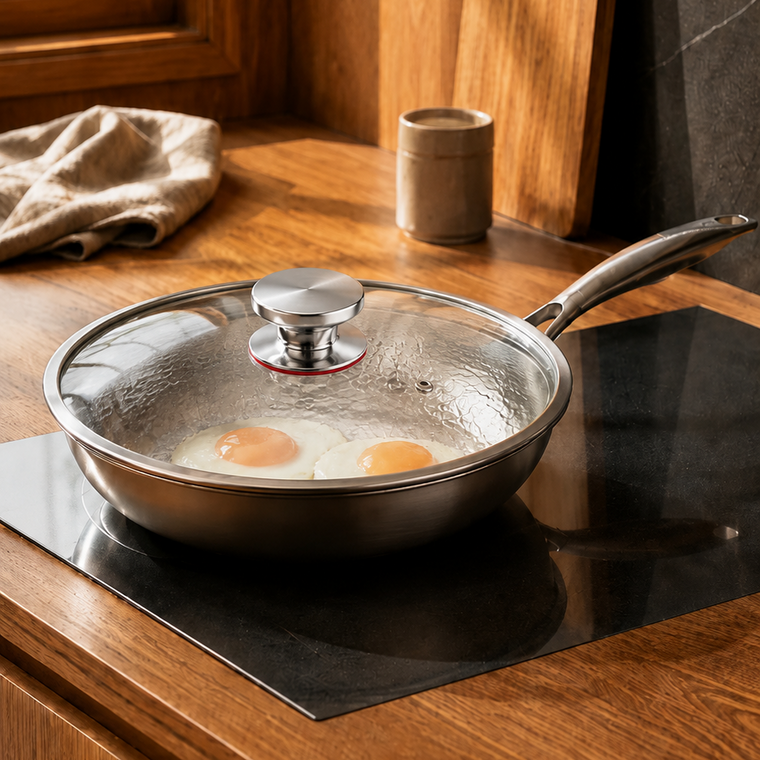 A stainless steel frying pan with a glass lid sits on a black induction cooktop in a warm, rustic kitchen setting