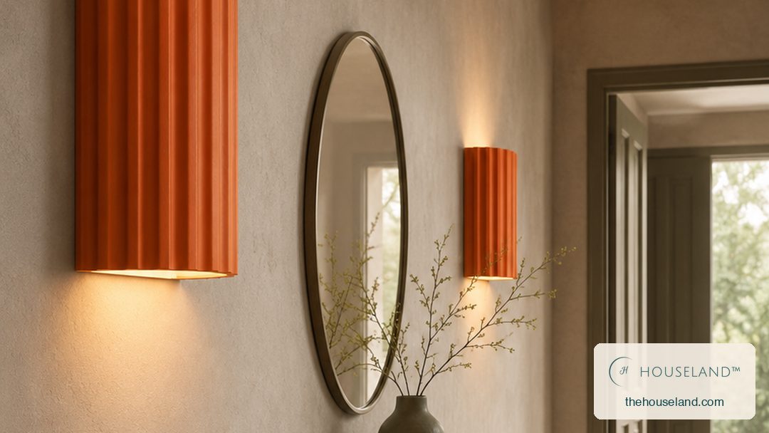 a half-cylinder fluted resin wall sconce in burnt orange, ribbed vertically, throwing light up and down the wall in two  a pair mounted along the entry wall — the nearest one large in the foreground at the left of frame, filling a