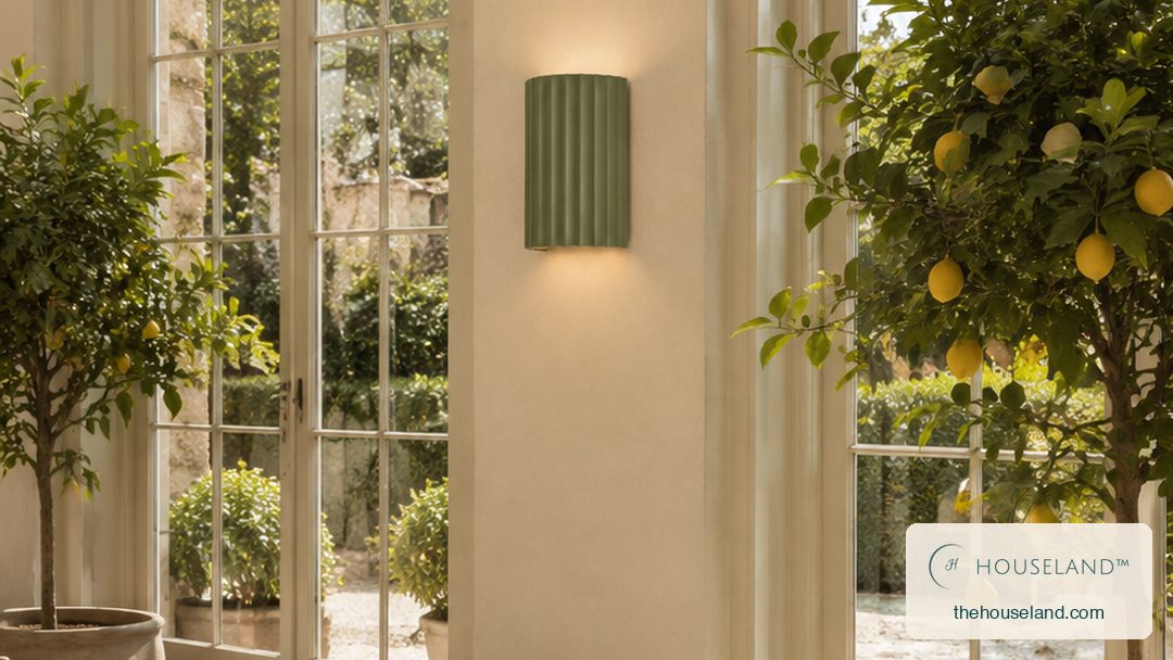 [thehouseland] best up down wall light - a half-cylinder fluted resin wall sconce in olive green, ribbed vertically, washing light up and down the