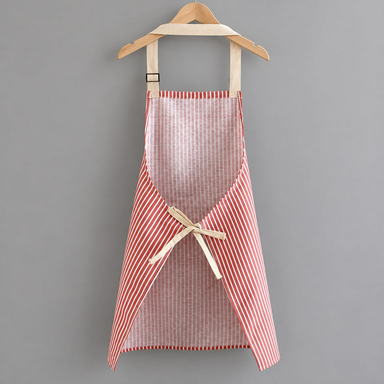 Back of the red striped apron showing the beige waist ties
