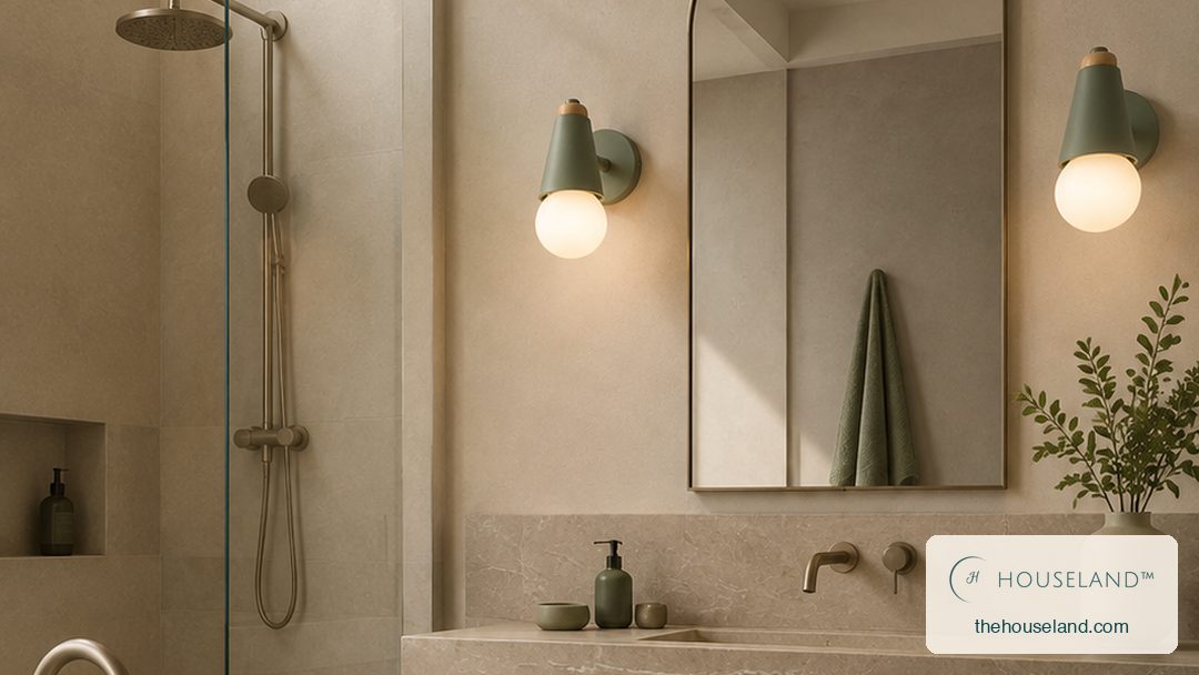 an adjustable iron wall sconce in muted sage green with a brass-toned joint and a frosted opal globe bulb one mounted on the wall each side of the vanity mirror, bulbs lit warm