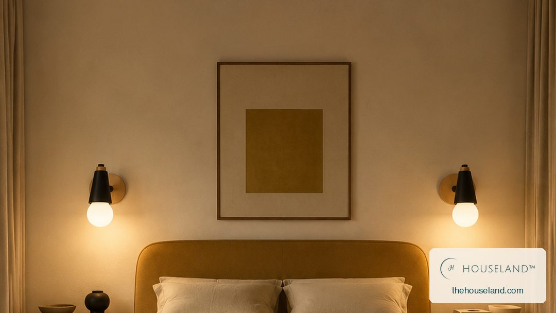 an adjustable iron wall sconce in matte black on a round rubberwood backplate, with a frosted opal globe bulb glowing wa one mounted each side of the bedhead, angled down over the linen