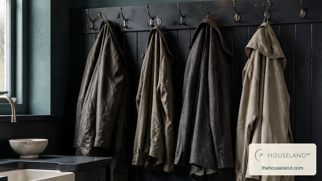 an adjustable iron wall sconce in soft grey on a round rubberwood backplate with a frosted opal globe bulb above the boot bench, angled down over the coats