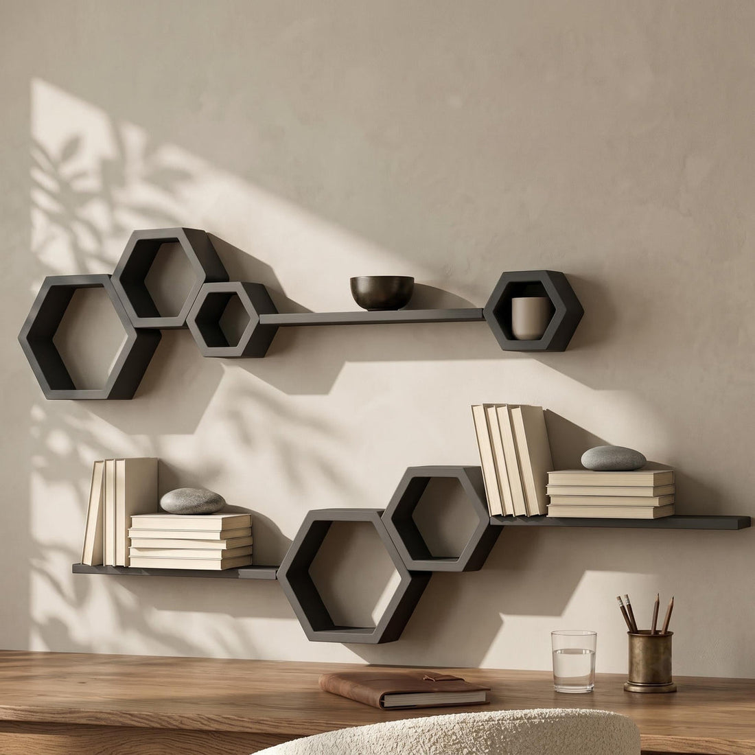 Nine-piece matte black pine hexagon and ledge shelf set in two runs above a table