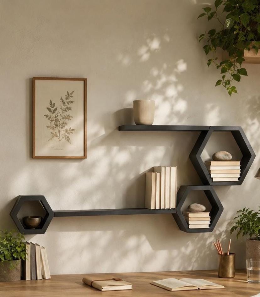 Five-piece matte black pine shelf set with books and ceramics on a cream wall