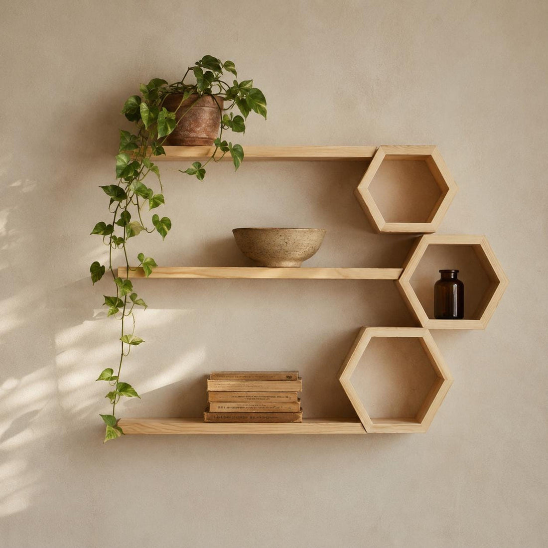 Six-piece pine honeycomb shelf set with trailing pothos on a warm cream wall
