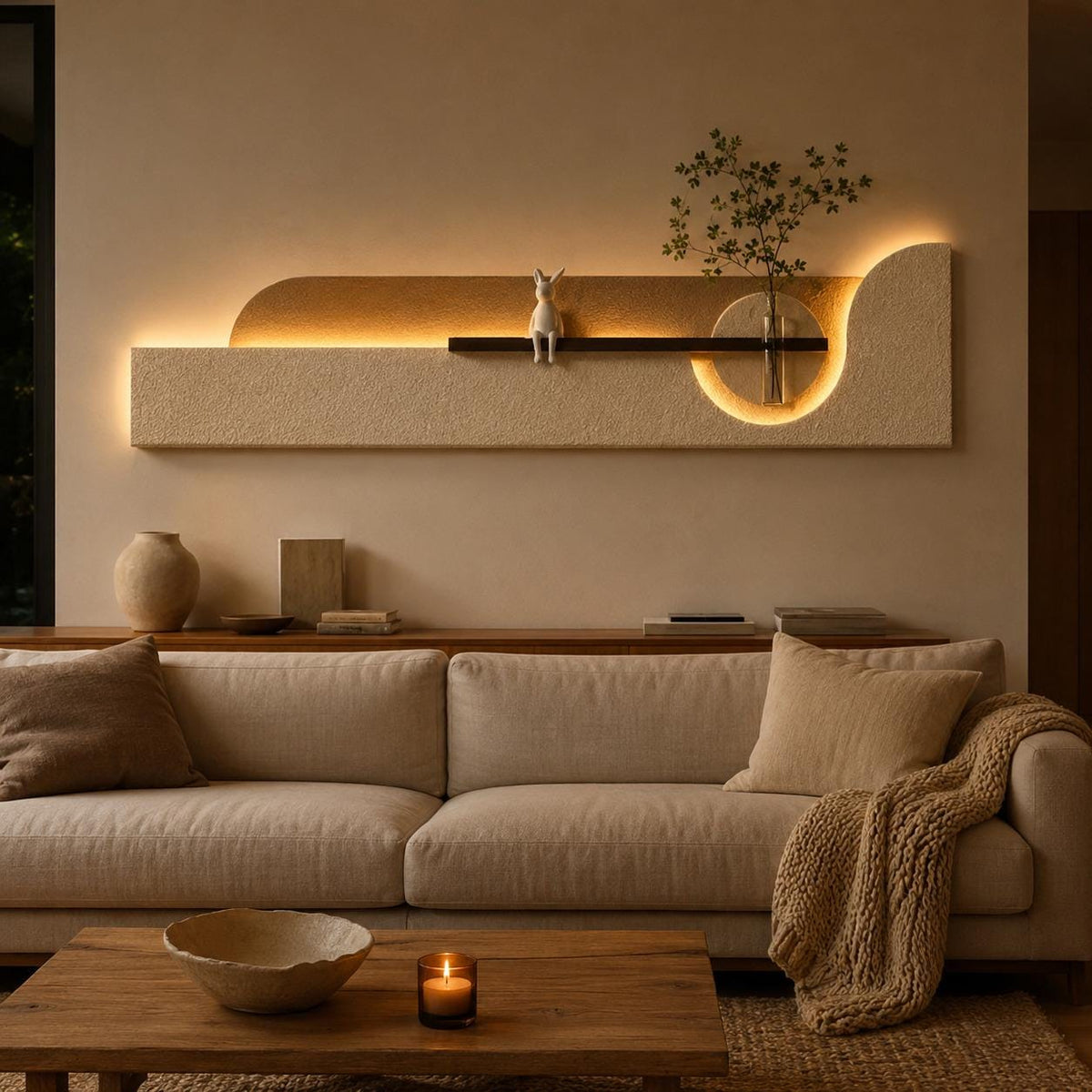 Backlit curved wall panel lit above a cream sofa in a warm living room