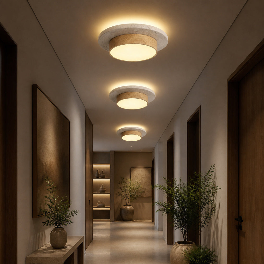 [thehouseland] best flush mount ceiling light - Travertine wood flush mount ceiling lights glowing in an evening hallway