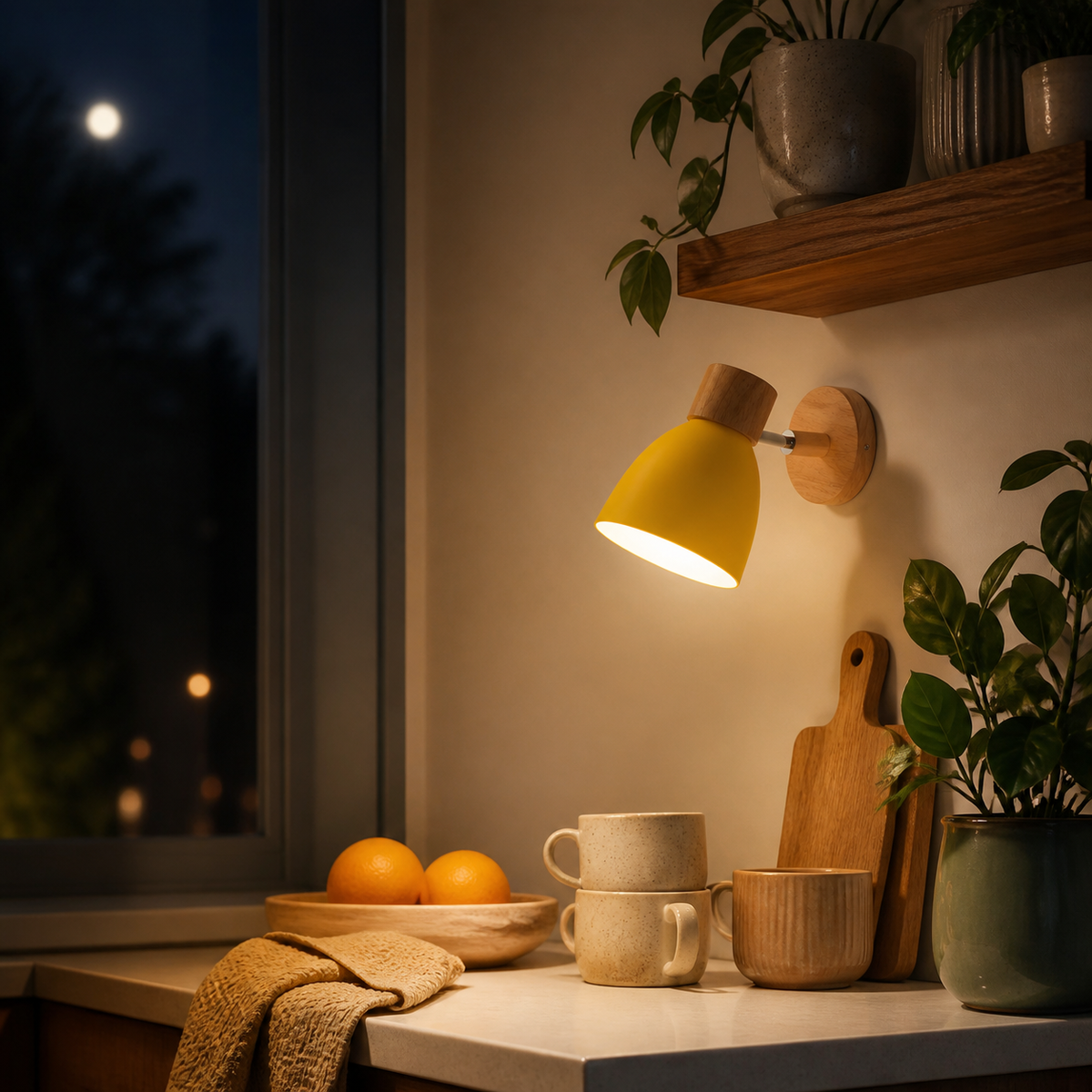 [thehouseland] best bedside wall sconce - Yellow macaron wall sconce glowing over a kitchen nook