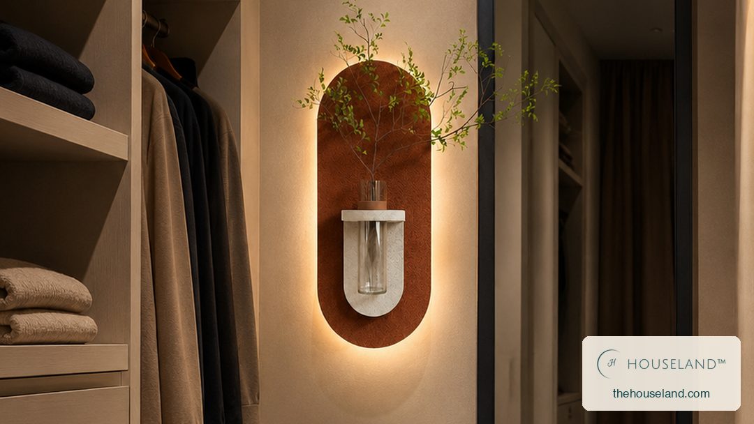 a terracotta capsule-shaped wall panel in hand-textured plaster, backlit with a warm LED halo, holding a cream U-shaped  on the wall beside the dressing mirror, its halo lighting the wall warm