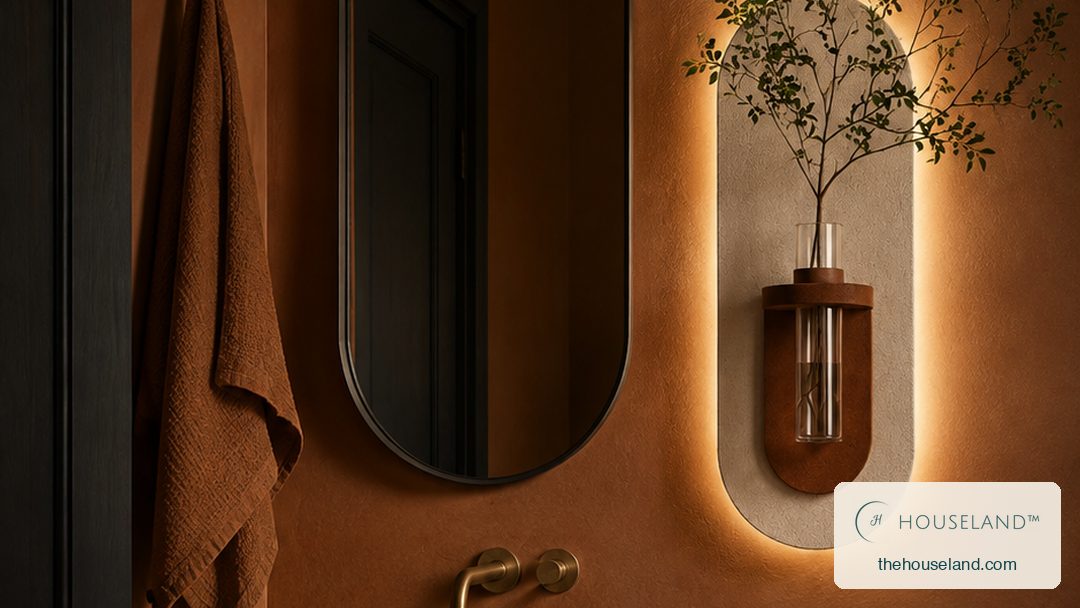 a 60cm cream capsule wall panel in hand-textured plaster with a terracotta U-holder and a glass tube vase holding a leaf on the cloakroom wall beside the mirror, lit warm from a concealed LED