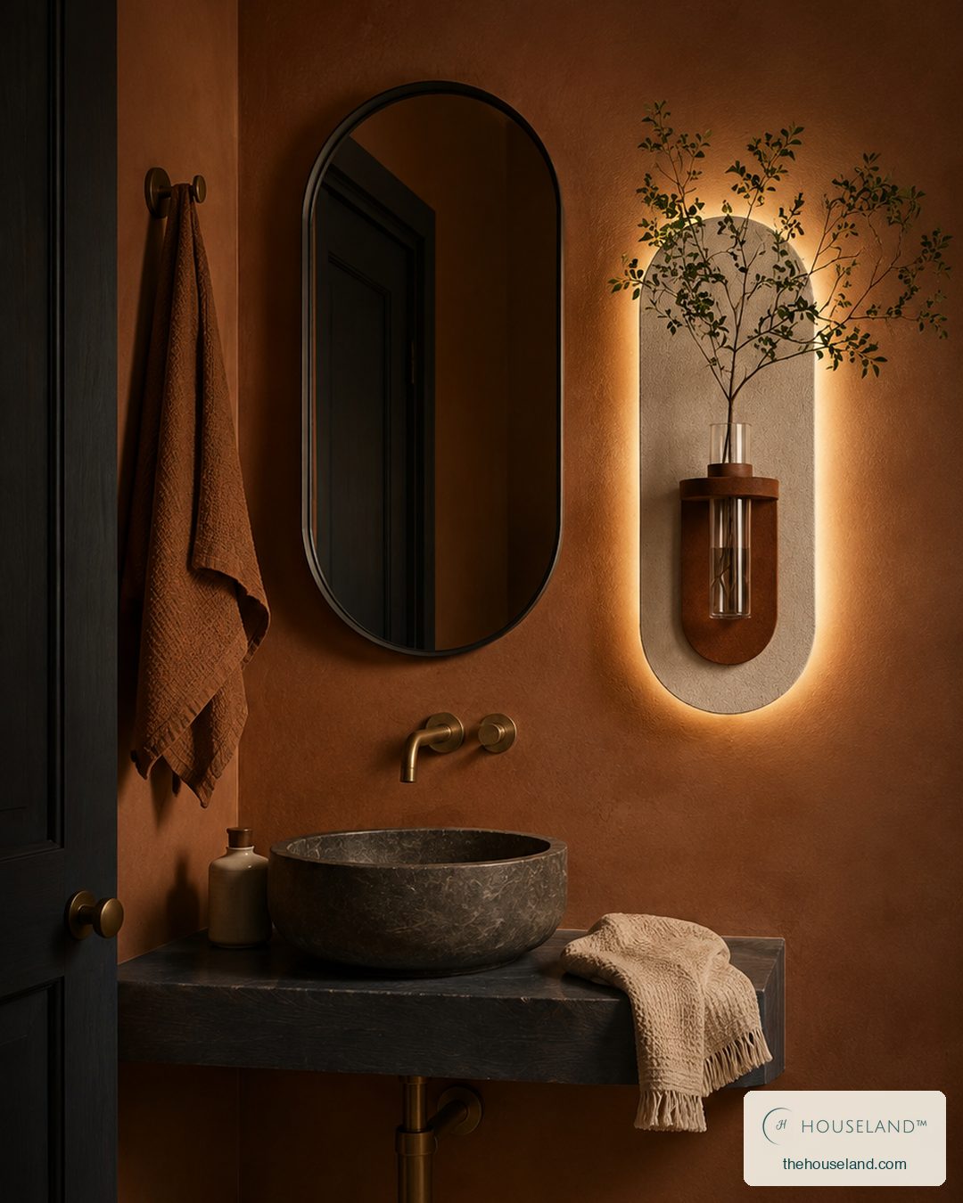 Cream capsule wall mounted vase lit warm beside the cloakroom mirror with a leaf in the glass tube of its terracotta holder
