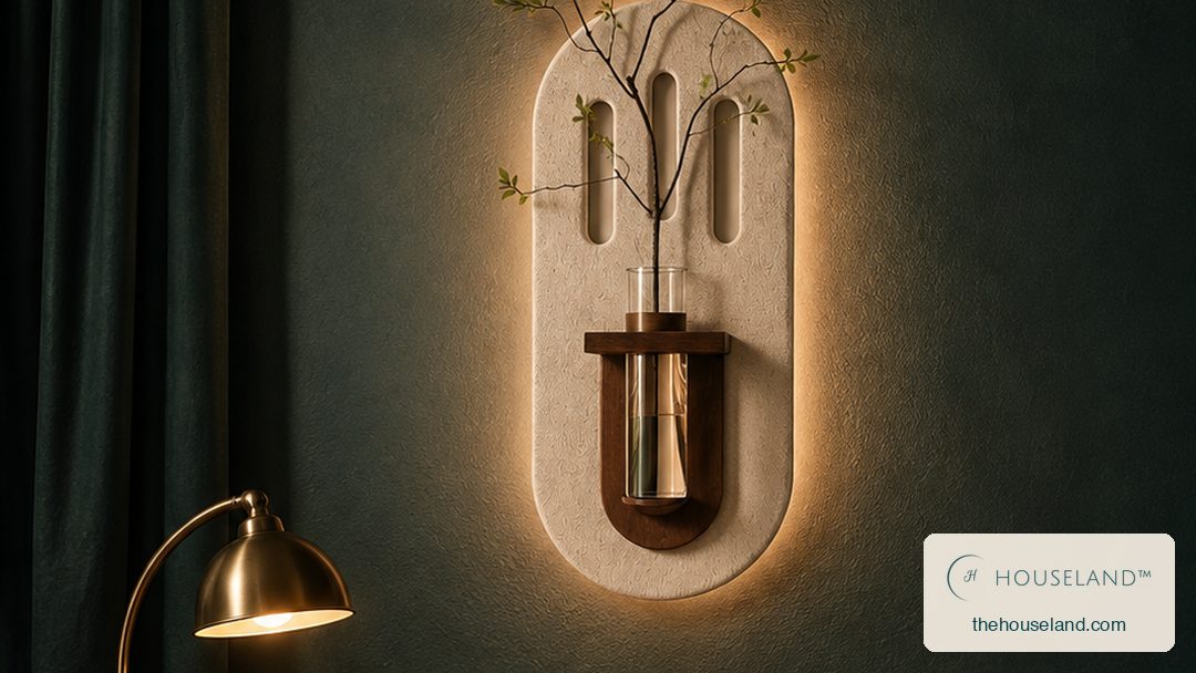 [thehouseland] best wall mounted vase - a cream capsule wall panel with twin slot cut-outs and a slim walnut shelf carrying a glass tube vase