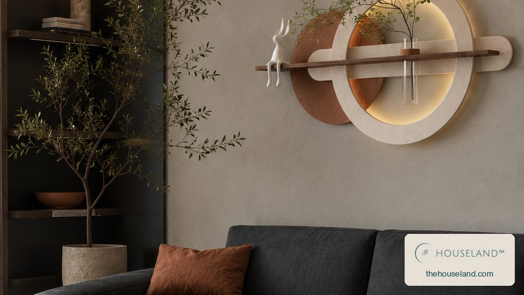 a 70cm sand-plaster ring backlit with warm LED, overlapping a rust terracotta disc, crossed by a slim walnut shelf holdi hung centred on the main wall above the sofa, LED glowing warm against the wall