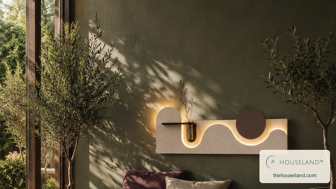 [thehouseland] best sculptural wall art - a long cream plaster panel carved with a flowing wave channel that glows warm from a concealed LED, crossed