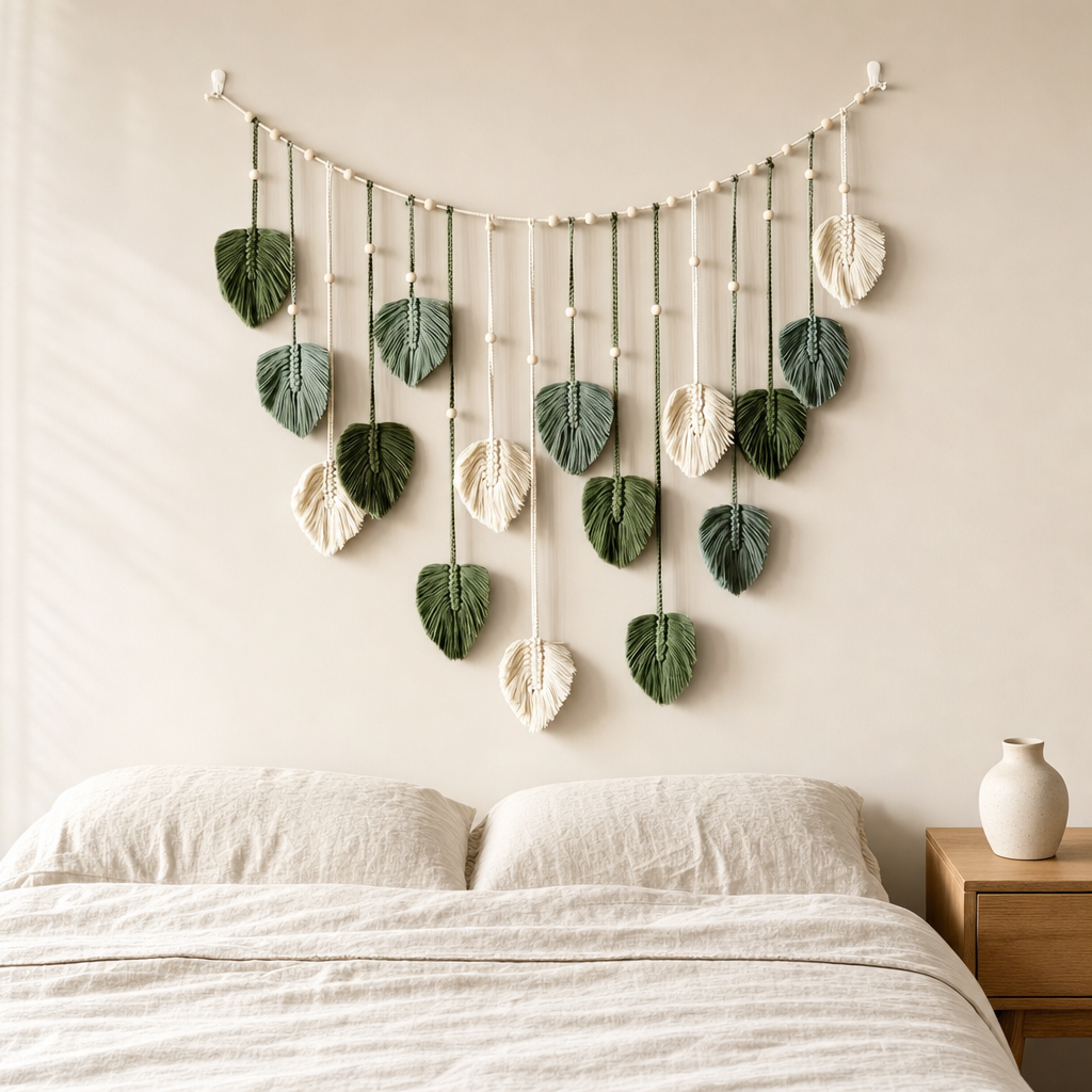 Macrame Leaf Garland, 120 cm Beaded Swag hung on the wall above a bed