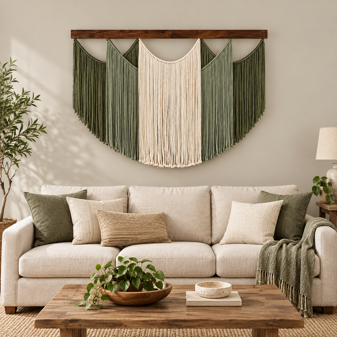 Living room above a sofa, shield panel, 4 colors, twisted cord, dark stained wood batten