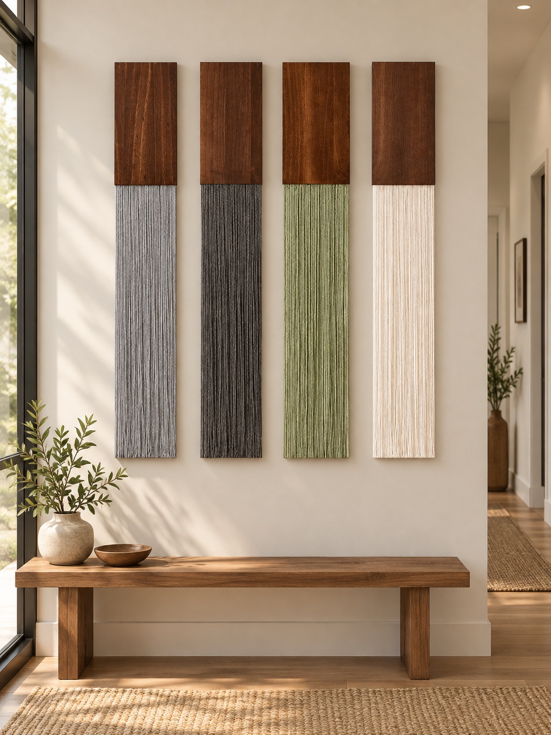 Entryway, set of four above a bench, strips, set of four, stained hardwood block, fine twisted cord