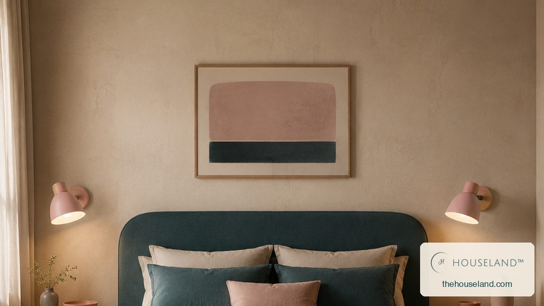 a tapered macaron-pink metal shade on a natural beech wood base and arm, angled downward, glowing warm one mounted on the wall above each bedside table, angled down over the bedding