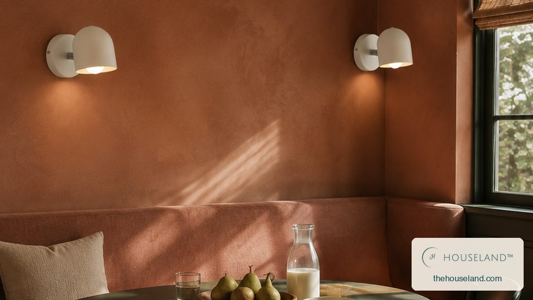 [thehouseland] best bedside wall sconce - a domed white metal wall shade on a natural beech wood arm, angled down, glowing warm above the breakfast