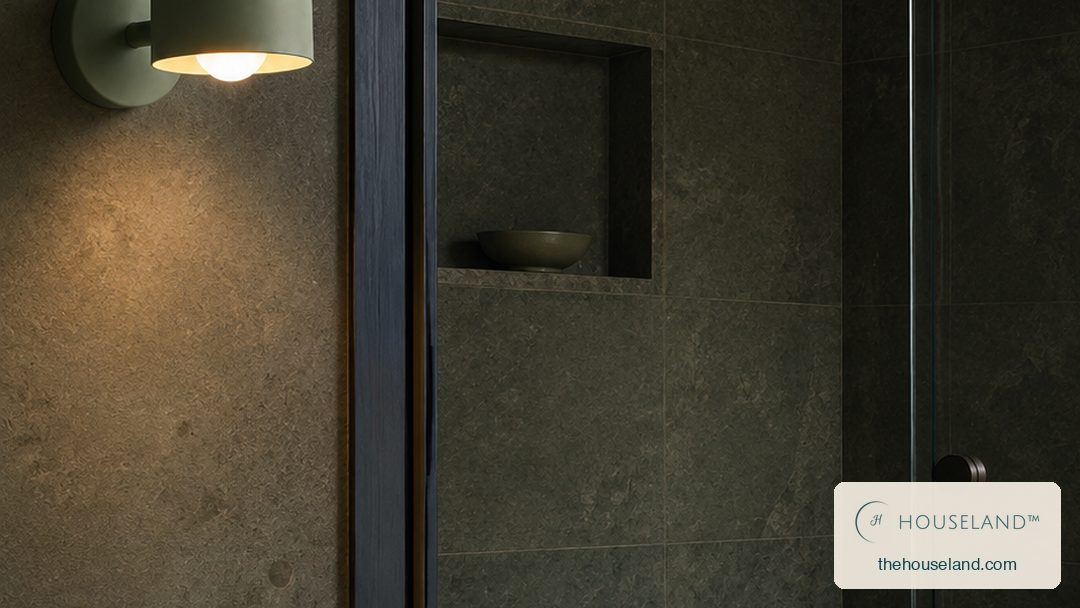 [thehouseland] best bedside wall sconce - a domed green metal wall shade on a natural beech wood arm, angled down, glowing warm beside the steam room