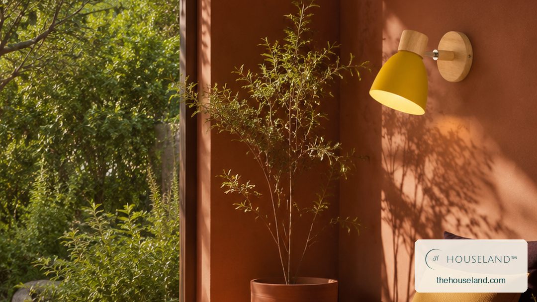 [thehouseland] best bedside wall sconce - a bell-shaped yellow metal wall shade on a natural beech wood arm, angled down, glowing warm on the garden