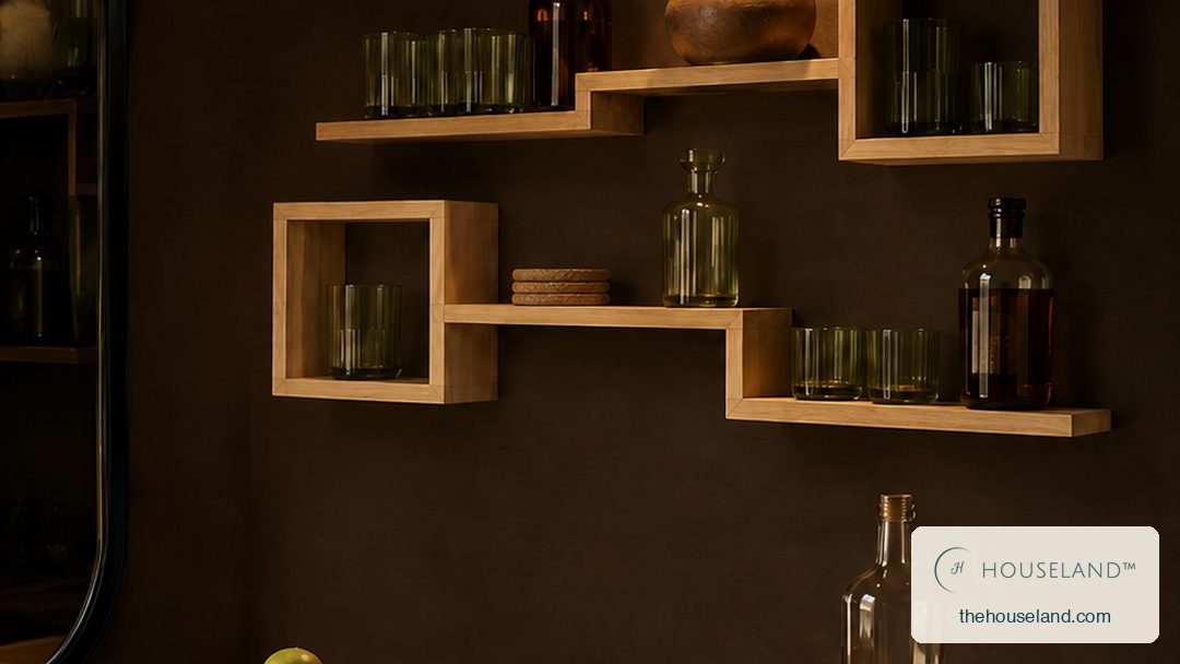 a six-piece pine set — two open square boxes and four long straight ledges arranged as a stepped composition, pale blond above the bar counter, holding glassware, two bottles, a small stack of coasters and one ceramic