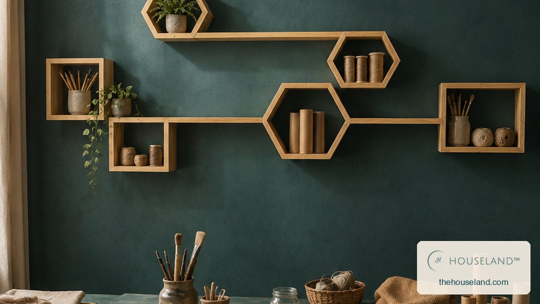 an eight-piece pine shelf set — three hexagons, three open square boxes and two straight ledges chained across the wall  running the full width of the craft room wall above the worktable, holding paper rolls, jars of tools, spools