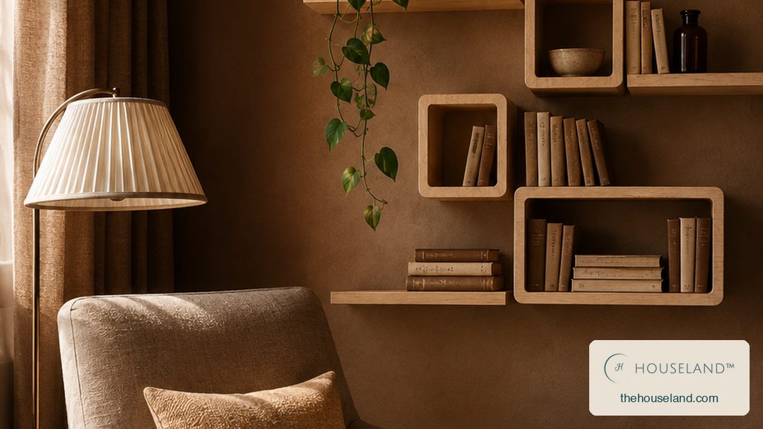 a six-piece solid pine wall shelf set — open square boxes and straight ledges staggered up the wall, pale blond timber w climbing the wall beside the reading chair, filled with books, a trailing plant and one ceramic