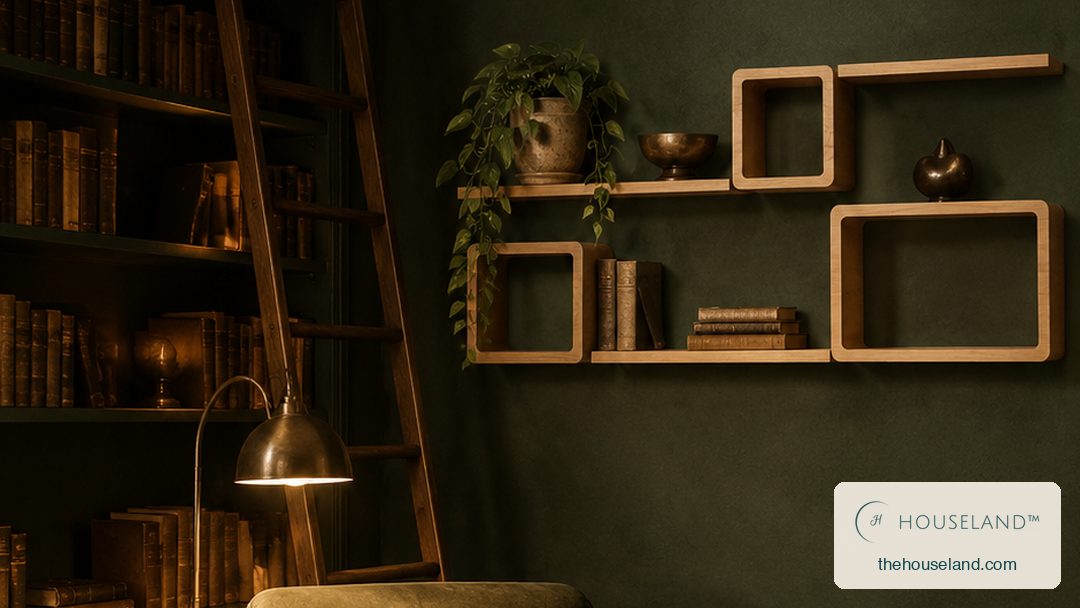 a six-piece rounded-corner pine set — three open cubes and three straight ledges stepped across the wall, pale blond tim stepping up the library wall beside the reading chair, carrying first editions, a small bronze and one trailin