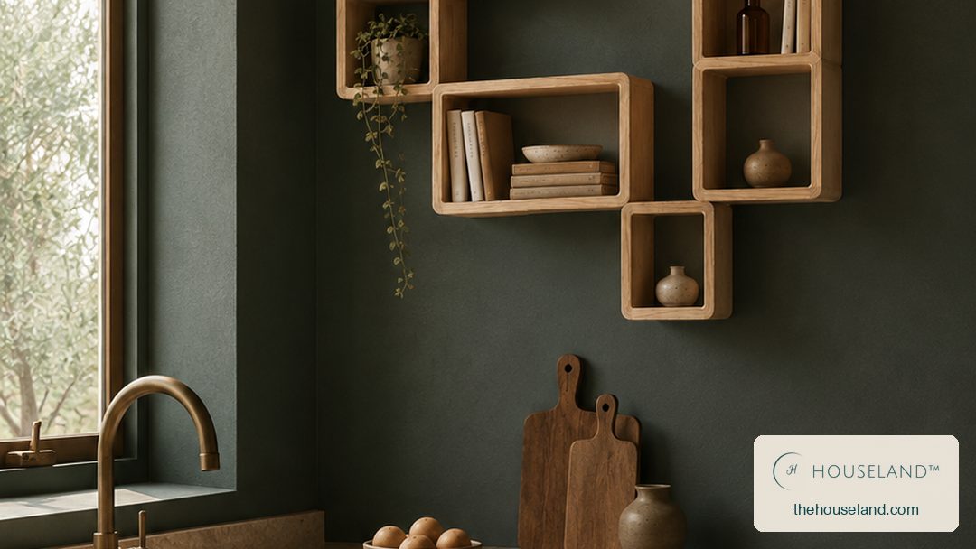 six rounded-corner solid pine box shelves of two sizes, arranged as a staggered open composition, pale blond timber with climbing the kitchen wall beside the window, holding ceramics, a board and a trailing plant