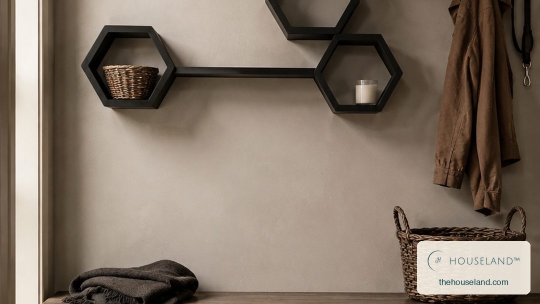 [thehouseland] best black wall shelf - a five-piece matte black metal shelf set — three open hexagons in graded sizes joined by two straight ledges