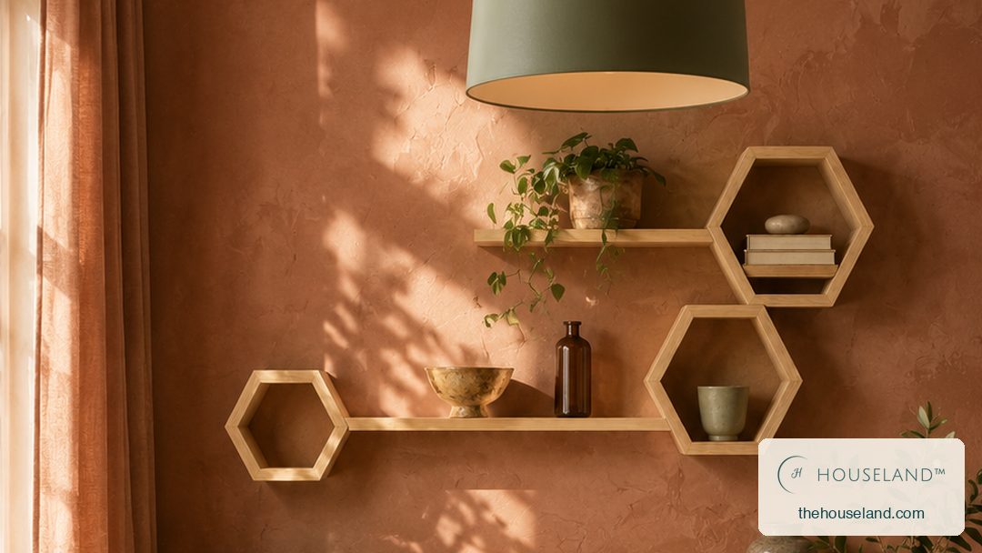 a five-piece natural pine wall shelf set — three open hexagons joined by two straight ledges, pale solid pine with visib mounted across the dining room wall above a low sideboard, styled with a few ceramics, a stack of books and a
