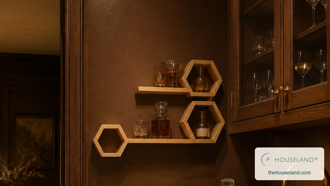 a five-piece natural pine wall shelf set — three open hexagons joined by two straight ledges, pale solid pine across the butler's pantry wall above the counter, holding glassware