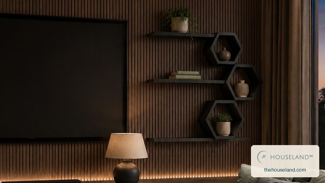 a set of six matte black metal wall shelves — straight ledges and open hexagons — arranged as a staggered composition arranged across the wall beside and above the media console, styled with books, a small plant and two ceramics