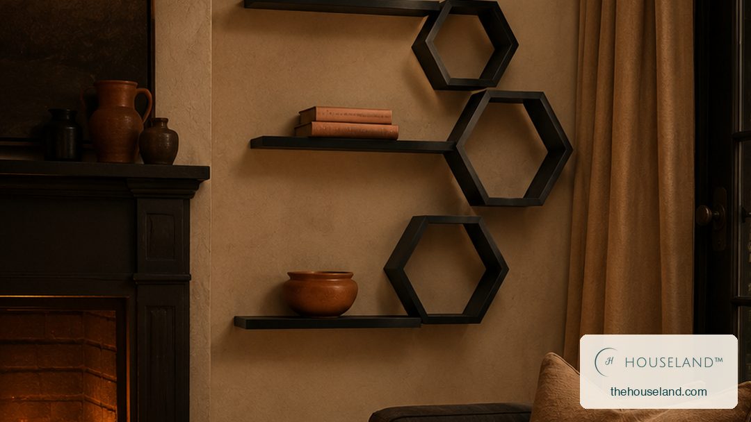 a set of six matte black metal wall shelves — straight ledges and open hexagons — arranged as a staggered composition across the snug wall beside the fireplace, holding books and two ceramics