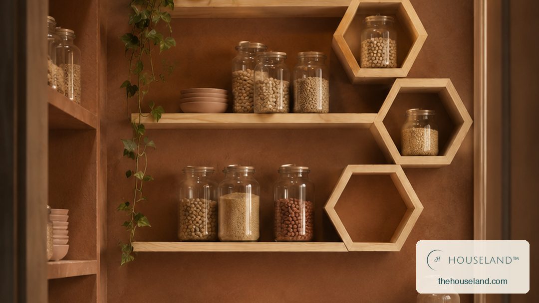a six-piece solid pine shelf set — three joined hexagons stacked as a honeycomb with three straight ledges running off t filling the pantry wall above the counter, holding glass jars, tinned goods, a stack of plates and a small tra
