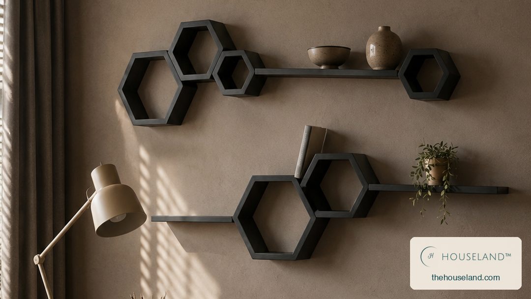 a nine-piece matte black metal wall shelf set — six open hexagons in three sizes joined by three straight ledges, arrang mounted across the wall above the desk, styled sparsely with books, a small plant and two ceramics