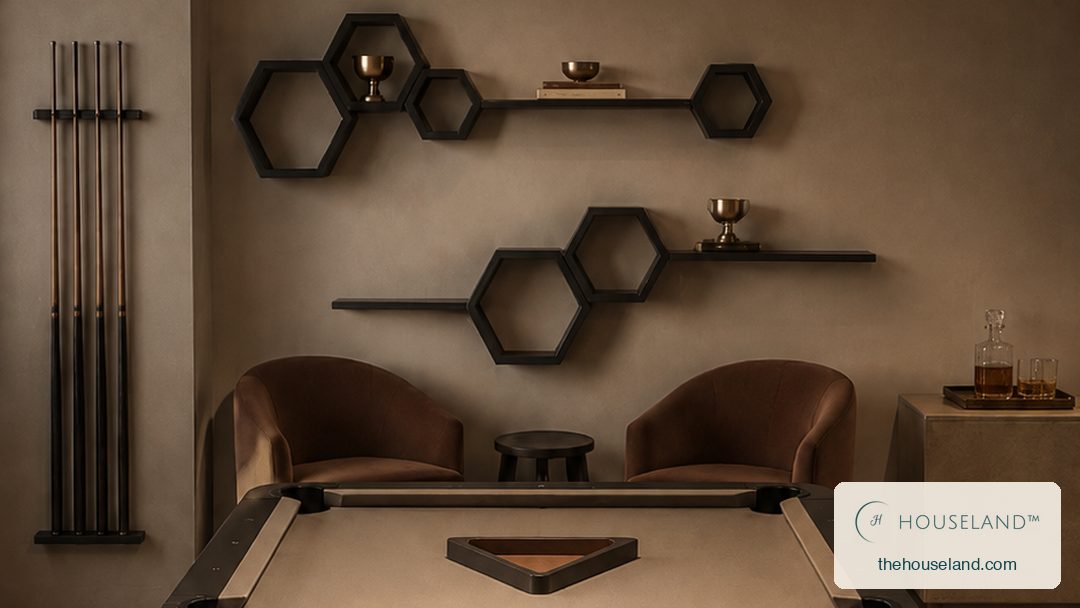 a nine-piece matte black metal wall shelf set — six open hexagons in three sizes joined by three straight ledges, in two across the games room wall above the table, holding trophies and books