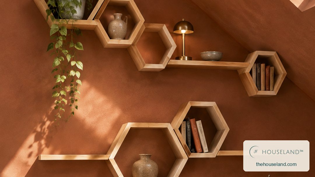 a nine-piece pine shelf set — six hexagons in three sizes joined by three straight ledges, arranged as two staggered clu climbing the sloped loft wall beside the desk, holding books, a small brass lamp, two ceramics and a trailing
