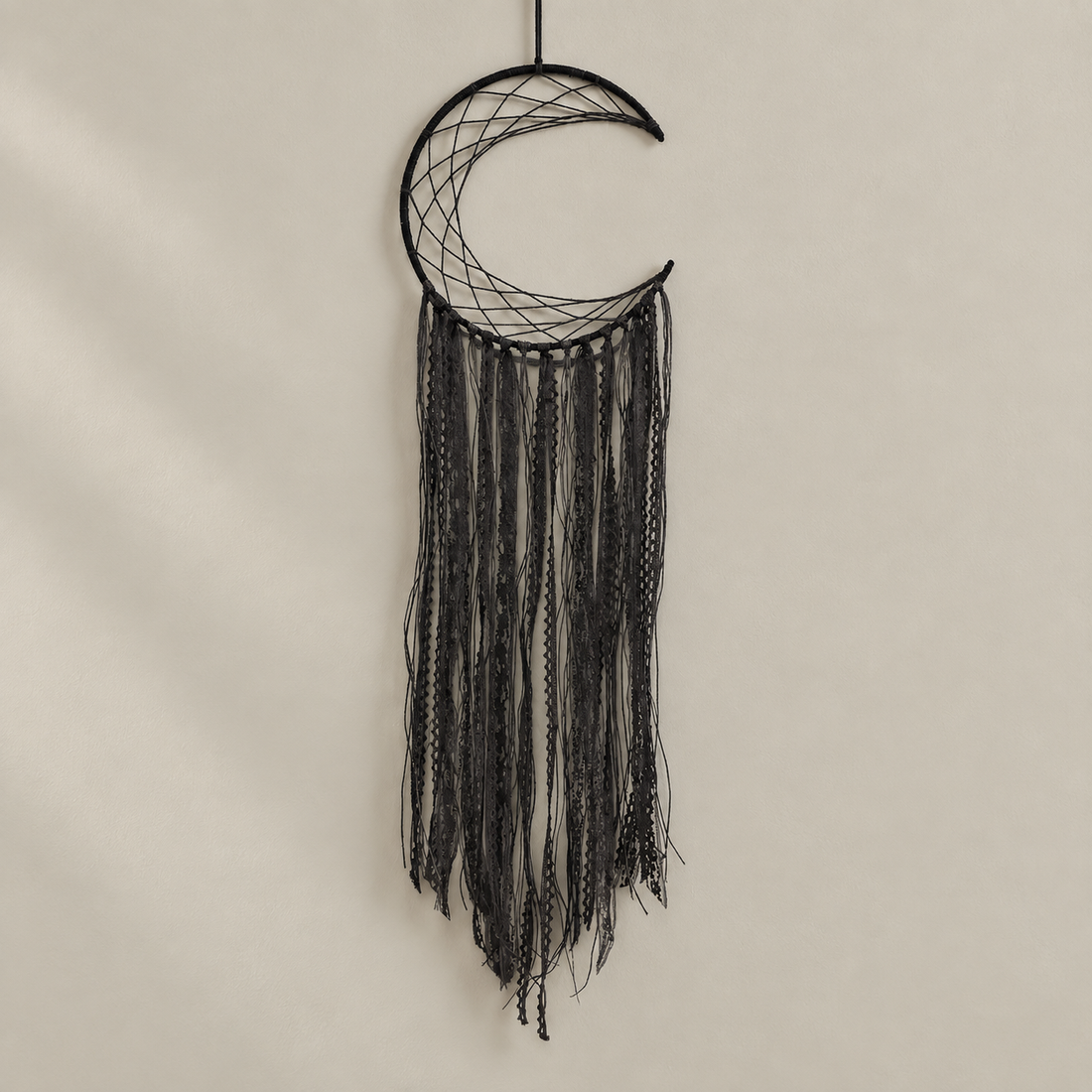Option 2, black crescent moon, studio on cream, hoop, moon or eye triangle