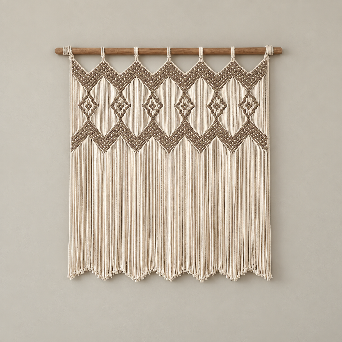85 x 90 studio on cream, macrame window panel in 2 sizes, twisted cord, knotted loop heading