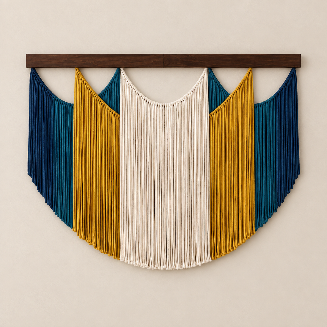 A-03 teal and mustard scalloped, 16 swag and fringe styles, fine twisted cord, pale wooden beads on the B series
