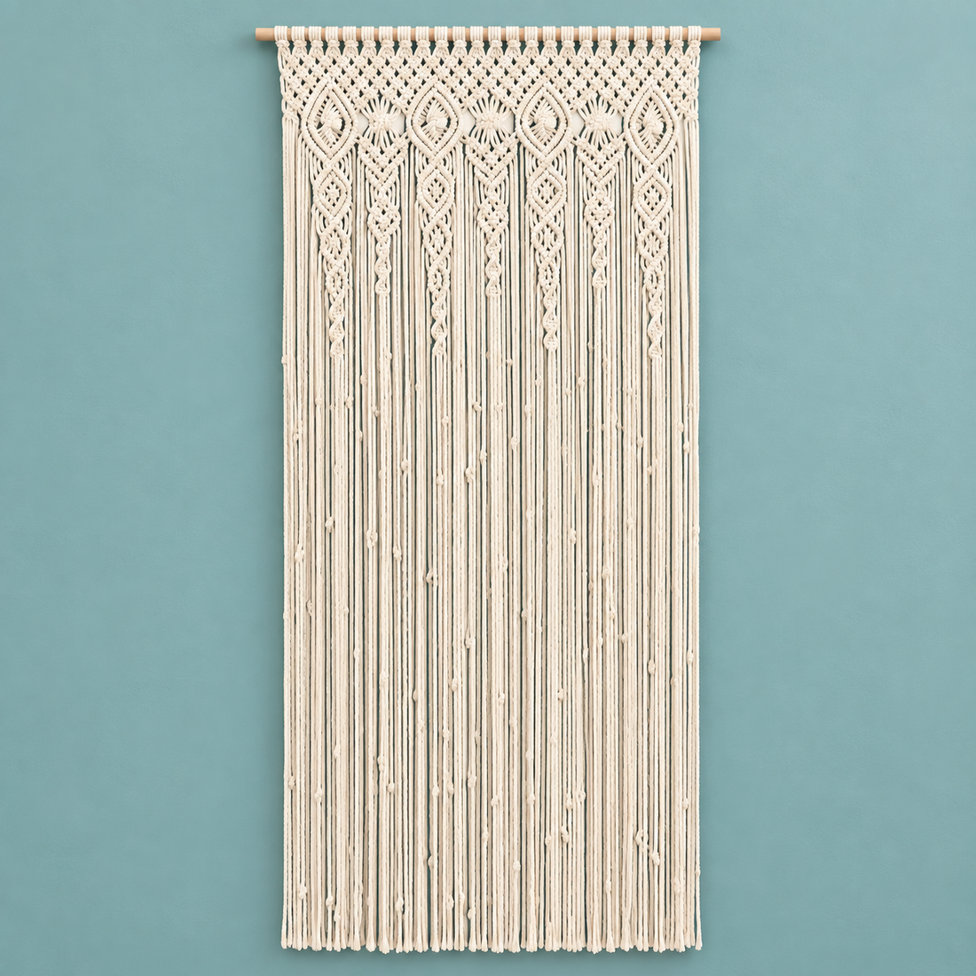 A 100x200 studio on teal, macrame door panel in 6 sizes, twisted cord, wooden hanging rod