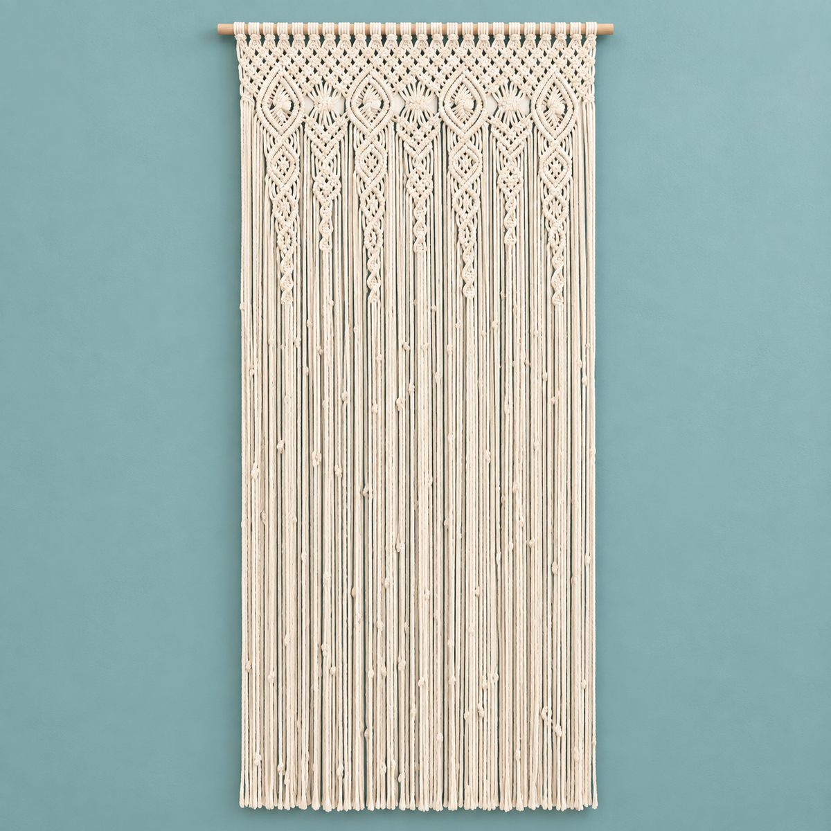 A 100x200 studio on teal, macrame door panel in 6 sizes, twisted cord, wooden hanging rod