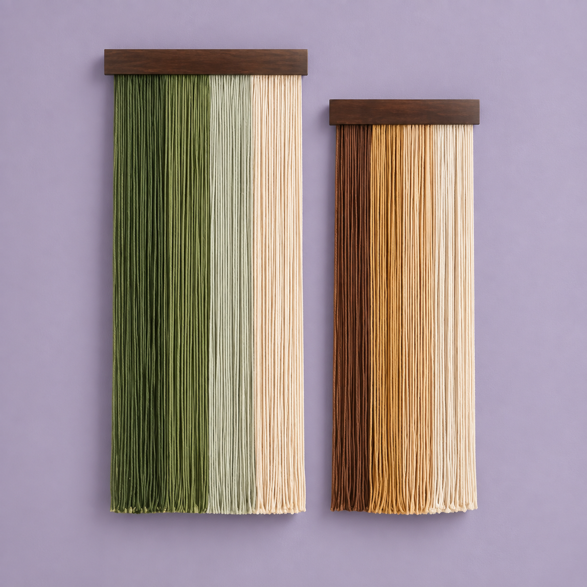 Olive and rust fringe panel pair at two heights on dark battens, lilac wall