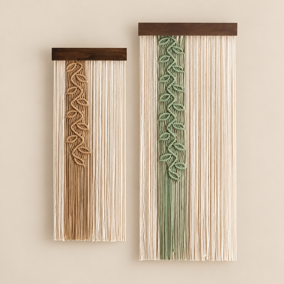 Small and large together, studio on cream, knotted leaf vine panel, single or pair