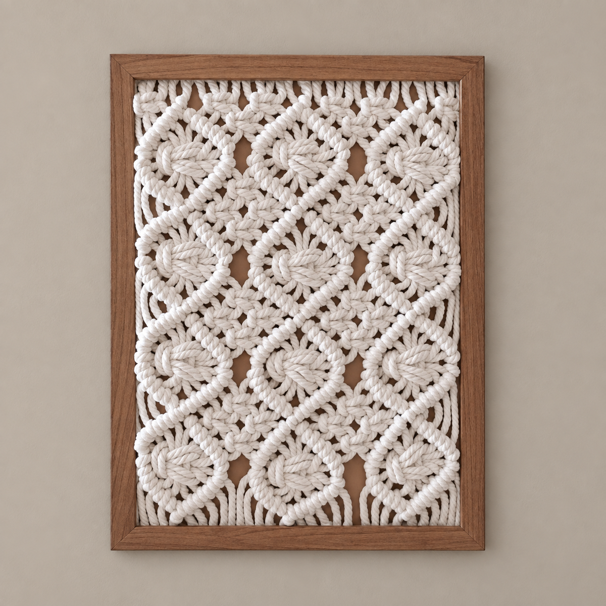 A square framed macrame wall art piece featuring an intricate cream-colored woven geometric pattern inside a medium brown