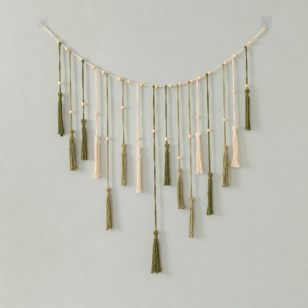 Beaded Cord Wall Garland, 120 cm, Leaf or Tassel Ends - Green - Tassel